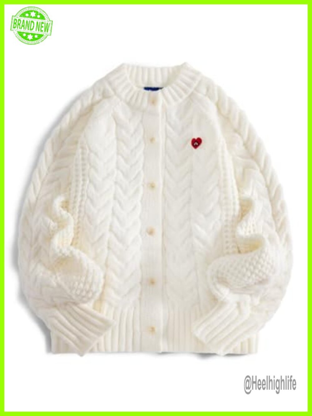 Chunky Cable Knit Cardigan Sweater Open Front Crewneck Lantern Sleeve Heart